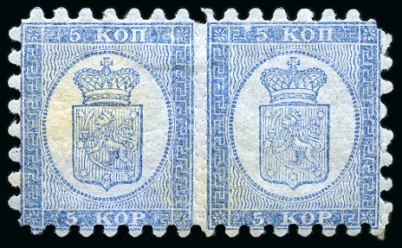 Stamp of Finland » 1860 Coat of Arms (Russian Currency) 5k Light Blue, roulette I, mint pair, slight irreg