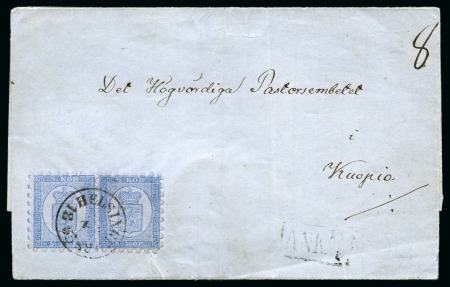 Stamp of Finland » 1860 Coat of Arms (Russian Currency) 5k Light Blue, roulette I, pair tied by neat HELSI