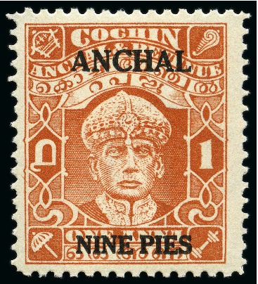 Stamp of Indian States » Cochin 1942-44 9p on 1a brown-orange, mint with black sur