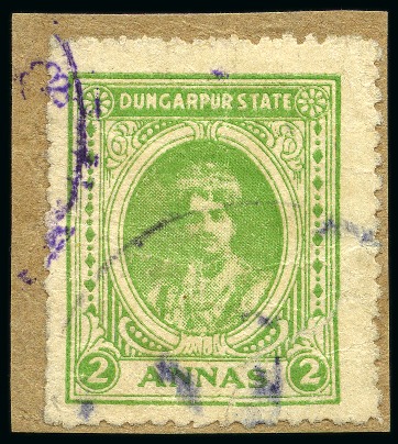 Stamp of Indian States » Dungarpur 1939-46 2a bright green, perf. 12, tied on small f