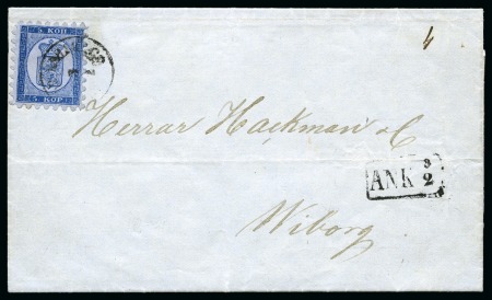 Stamp of Finland » 1860 Coat of Arms (Russian Currency) 5k Greenish Blue, roulette I, tied by Fredrikshamn