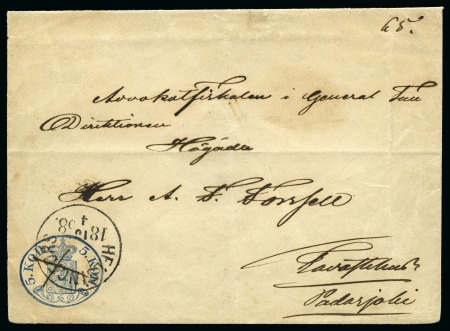 Stamp of Finland » 1856-58 5 Kopek Small Pearls 5k Blue, cut to shape, cancelled by pen cross and 