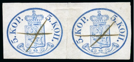 Stamp of Finland » 1856-58 5 Kopek Small Pearls 5k Light Blue, pair with good to large margins, ca