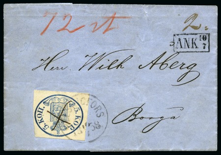 Stamp of Finland » 1856-58 5 Kopek Large Pearls 5k Dark Blue, good to large margins, cancelled by 