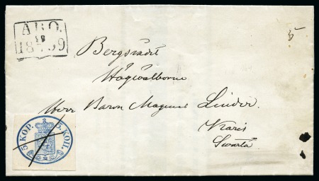 Stamp of Finland » 1856-58 5 Kopek Large Pearls 5k Blue, good to large margins, tied by pen cross 