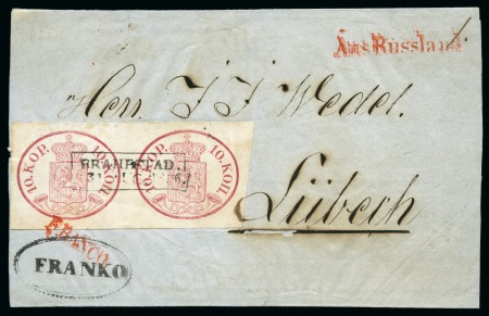 Stamp of Finland » 1856-58 10 Kopek 10k Reddish Carmine, pair centrally cancelled by l