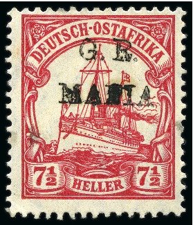 Stamp of Tanganyika » Mafia Island British Occupation » 1915 (Jan) "G. R. / MAFIA" Type 1 Overprint in Black 1915 (Jan) 7 1/2h carmine, overprinted in black, m
