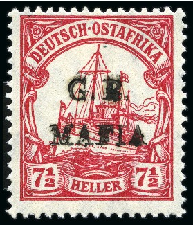 Stamp of Tanganyika » Mafia Island British Occupation » 1915 (Jan) "G. R. / MAFIA" Type 1 Overprint in Black 1915 (Jan) 7 1/2h carmine, overprinted in black, m