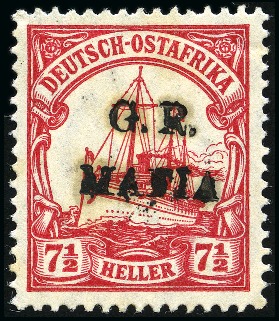 Stamp of Tanganyika » Mafia Island British Occupation » 1915 (Jan) "G. R. / MAFIA" Type 1 Overprint in Black 1915 (Jan) 7 1/2h carmine, overprinted in black, m