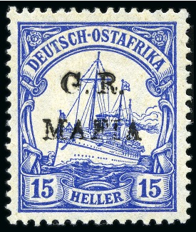 Stamp of Tanganyika » Mafia Island British Occupation » 1915 (Jan) "G. R. / MAFIA" Type 1 Overprint in Black 1915 (Jan) 15h ultramarine, overprinted in black, 