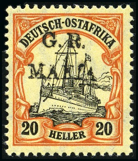 Stamp of Tanganyika » Mafia Island British Occupation » 1915 (Jan) "G. R. / MAFIA" Type 1 Overprint in Black 1915 (Jan) 20h black and red/yellow, overprinted i