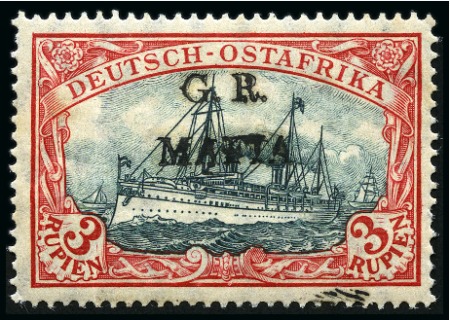 Stamp of Tanganyika » Mafia Island British Occupation » 1915 (Jan) "G. R. / MAFIA" Type 1 Overprint in Black 1915 (Jan) 3r blue-black and red, overprinted in b