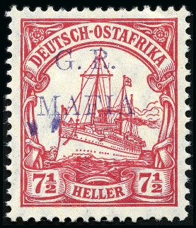 Stamp of Tanganyika » Mafia Island British Occupation » 1915 (Jan) "G. R. / MAFIA" Type 1 Overprint in Deep Purple 1915 (Jan) 7 1/2h carmine, overprinted in deep pur