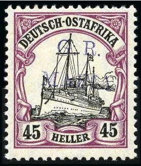 Stamp of Tanganyika » Mafia Island British Occupation » 1915 (Jan) "G. R. / MAFIA" Type 1 Overprint in Deep Purple 1915 (Jan) 45h black and mauve, overprinted in dee