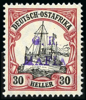Stamp of Tanganyika » Mafia Island British Occupation » 1915 (Jan) "G. R. / MAFIA" Type 1 Overprint in Reddish Violet 1915 (Jan) 30h black and carmine, overprinted in r