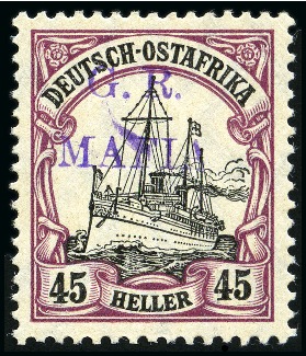 Stamp of Tanganyika » Mafia Island British Occupation » 1915 (Jan) "G. R. / MAFIA" Type 1 Overprint in Reddish Violet 1915 (Jan) 45h black and mauve, overprinted in red