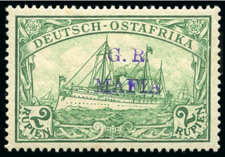 Stamp of Tanganyika » Mafia Island British Occupation » 1915 (Jan) "G. R. / MAFIA" Type 1 Overprint in Reddish Violet 1915 (Jan) 2r green, overprinted in reddish violet