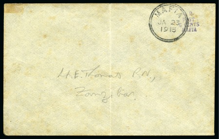 Stamp of Tanganyika » Mafia Island British Occupation » 1915 (May) "G.R. - POST - 6 CENTS - MAFIA" Type 2 Overprints 1915 (May) 6c violet overprint on envelope address