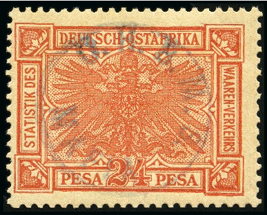 Stamp of Tanganyika » Mafia Island British Occupation » 1915 (Sep) "OHBMS Mafia" in Circle on GEA Fiscals 1915 (Sept) 24 pesa vermillon with violet overprin