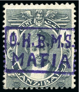 Stamp of Tanganyika » Mafia Island British Occupation » 1915 (Sep) "OHBMS Mafia" in Circle on GEA Fiscals 1915 (Sept) Boxed-type O.H.B.M.S. / MAFIA violet o