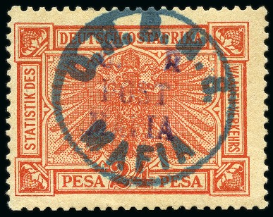 Stamp of Tanganyika » Mafia Island British Occupation » 1915 (Sep) "OHBMS Mafia" in Circle and "G. R / POST / MAFIA" Overprint on GEA Fiscals 1915 (Sept) 24 pesa vermillon with bluish green ov