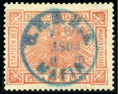 Stamp of Tanganyika » Mafia Island British Occupation » 1915 (Sep) "OHBMS Mafia" in Circle and "G. R / POST / MAFIA" Overprint on GEA Fiscals 1915 (Sept) 24 pesa vermillon with bluish green ov