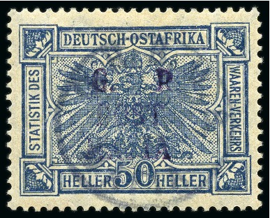 Stamp of Tanganyika » Mafia Island British Occupation » 1915 (Sep) "OHBMS Mafia" in Circle and "G. R / POST / MAFIA" Overprint on GEA Fiscals 1915 (Sept) 50h slate with bluish green overprint 