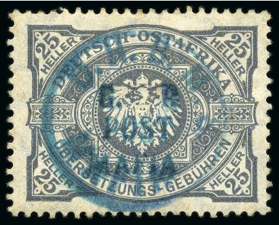 Stamp of Tanganyika » Mafia Island British Occupation » 1915 (Sep) "OHBMS Mafia" in Circle and "G. R / POST / MAFIA" Overprint on GEA Fiscals 1915 (Sept) 25h grey with bluish green overprint a