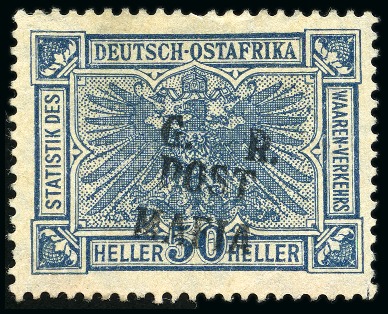 Stamp of Tanganyika » Mafia Island British Occupation » 1915 (Sep) "G. R / POST / MAFIA" Type 4 Overprint Only on GEA 1915 (Sept) 50h slate with only type M4 (G.R. / PO