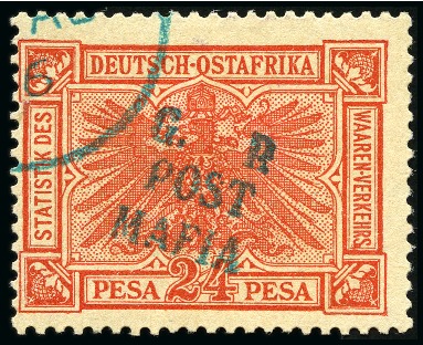 Stamp of Tanganyika » Mafia Island British Occupation » 1915 (Sep) "G. R / POST / MAFIA" Type 4 Overprint Only on GEA 1915 (Sept) 27 pesa with only type M4 (G.R. / POST