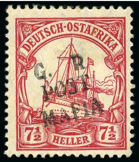 Stamp of Tanganyika » Mafia Island British Occupation » 1915 (Sep) "G. R / POST / MAFIA" Type 4 Overprint Only on GEA 1915 Type M4 (G.R. / POST / MAFIA) black overprint