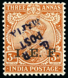 Stamp of Tanganyika » Mafia Island British Occupation » 1915 (Nov) "G. R / POST / MAFIA" Type 4 Overprint on India I.E.F. Issues 1915 (Nov) 3a orange with inverted black overprint