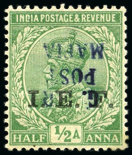 Stamp of Tanganyika » Mafia Island British Occupation » 1915 (Nov) "G. R / POST / MAFIA" Type 4 Overprint on India I.E.F. Issues 1915 (Nov) 1/2a light green with inverted blue ove