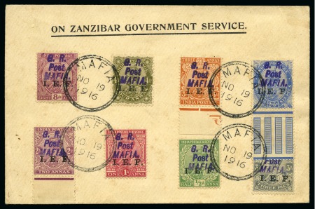 Stamp of Tanganyika » Mafia Island British Occupation » 1917 (Apr) "G. R. / Post / MAFIA" Type 5 Overprint on India I.E.F. Issues 1917 (Apr) 3p grey to 8d purple, six singles tied 