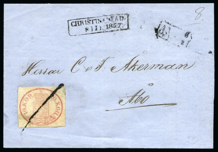 Stamp of Finland » 1856-58 10 Kopek 10k Carmine-rose, good to large margins, tied by p