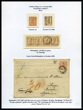 Stamp of Finland » 1860 Coat of Arms (Russian Currency) 10k Rose, roulette I, exhibition page showing mint