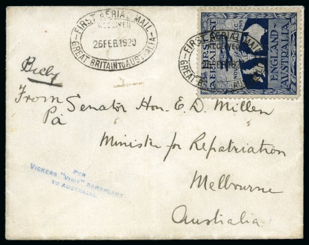 Stamp of Australia » Commonwealth of Australia 1920 ROSS SMITH cover to Australia with dark blue 