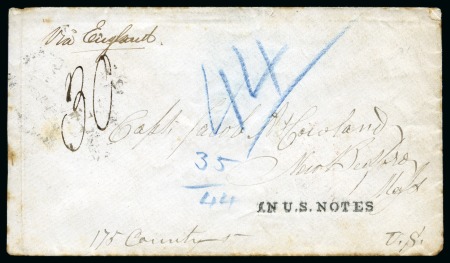 Stamp of Great Britain » Postal History » Pre-Adhesive & Stampless 1866 Envelope to USA endorsed on obverse 'Via Engl