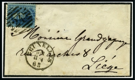 Stamp of Belgium » Belgique. 1863 Médaillons dentelés (COB 13-16) 20c bleu oblitération 10 barres "24" de BRUXELLES 