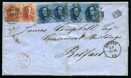 Stamp of Belgium » Belgique. 1861 Médaillons allongés (COB 9-12) 20c bleu X4 et 40c carmin X2 (5 margés) oblitérati
