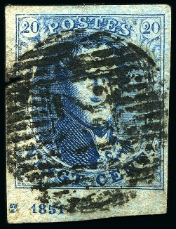 Stamp of Belgium » Belgique. 1851 Médaillons (filigrane sans cadre) (COB 6-8) 20c bleu très bien margé  coin de feuille oblitéra