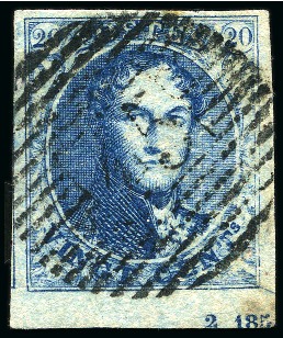 Stamp of Belgium » Belgique. 1851 Médaillons (filigrane sans cadre) (COB 6-8) 20c bleu très bien margé coin de feuille oblitérat