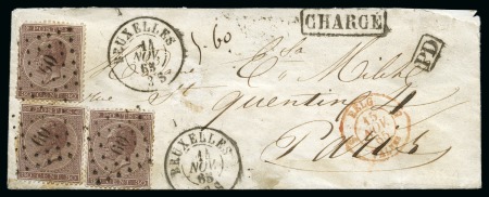 Stamp of Belgium » Belgique. Léopold 1er - Nouveau Type (COB 17-21) 30c brun X3 oblitération Lpts "60" sur lettre "CHA