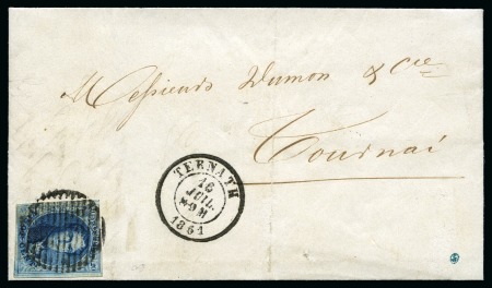Stamp of Belgium » Belgique. 1861 Médaillons allongés (COB 9-12) 20c bleu margé oblitération rurale à barres sur le