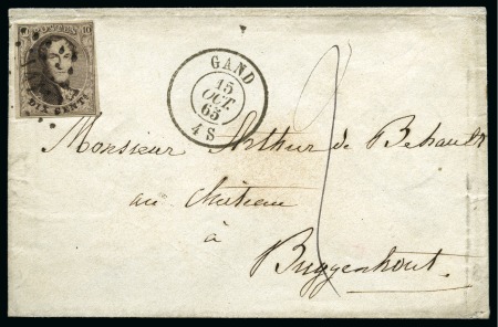 Stamp of Belgium » Belgique. 1861 Médaillons allongés (COB 9-12) 10c brun non dentelé margé oblitération Lpts "141"