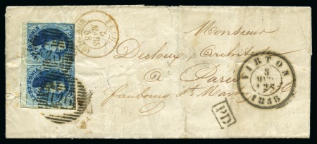 Stamp of Belgium » Belgique. 1851 Médaillons (filigrane sans cadre) (COB 6-8) 20c bleu en paire margée CDF avec millésime partie