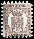 Stamp of Finland » 1860 Coat of Arms (Finnish Currency) 5p Brown, pale lilac laid paper, mint & used selec