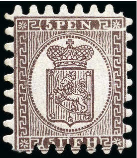 Stamp of Finland » 1860 Coat of Arms (Finnish Currency) 5p Brown, pale lilac laid paper, mint & used selec
