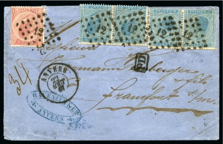 Stamp of Belgium » Belgique. Léopold 1er - Nouveau Type (COB 17-21) 20c bleu X4 et 40c rose oblitération Lpts 12  sur 