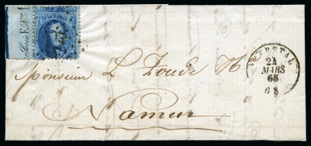 Stamp of Belgium » Belgique. 1863 Médaillons dentelés (COB 13-16) 20c bleu avec bord de feuille intégral et inscript
